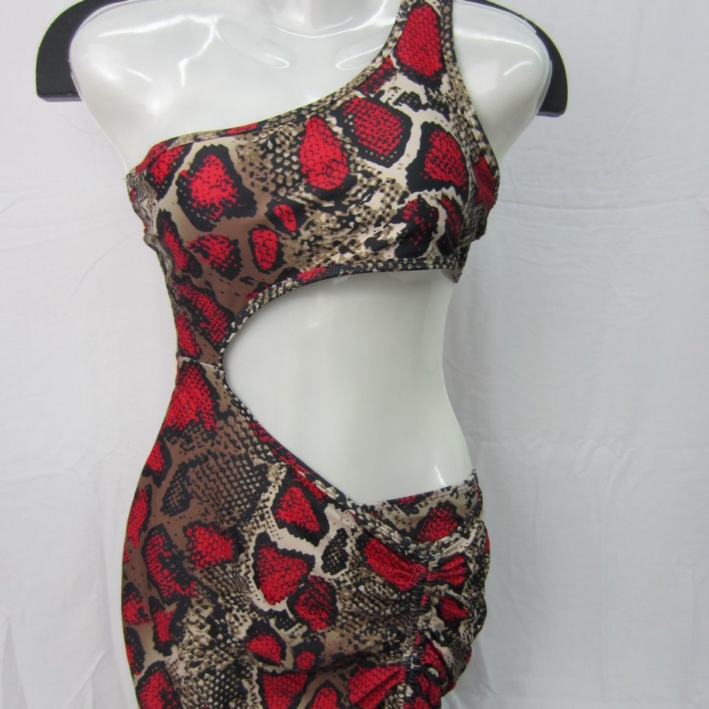 Red Snake Print One Shoulder Swim Bikini 3 Piece Outfit